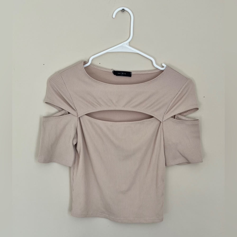 21 Saints Cream Ribbed Bodycon Cut Out Crop Tee